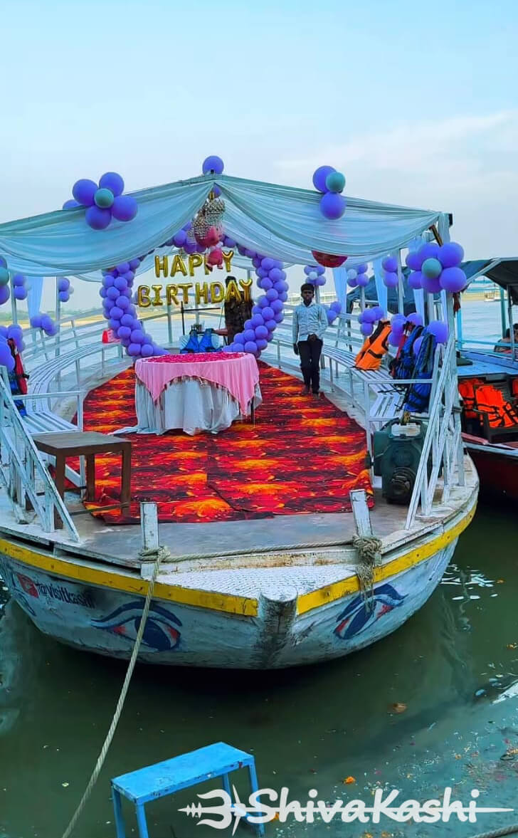 Decorated luxury boat Varanasi celebration setup Decorated luxury boat Varanasi celebration setup