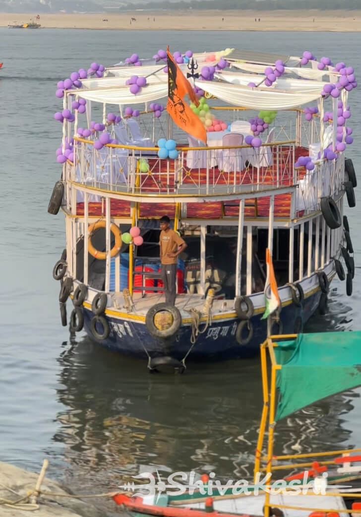 Group boat booking Varanasi two deck Bajra boat with guests Group boat booking Varanasi two deck Bajra boat with guests