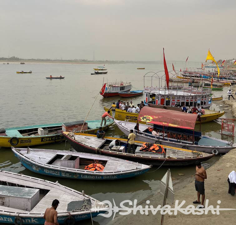 Boats at Tulsi Ghat near Assi Ghat Varanasi Boats at Tulsi Ghat near Assi Ghat Varanasi