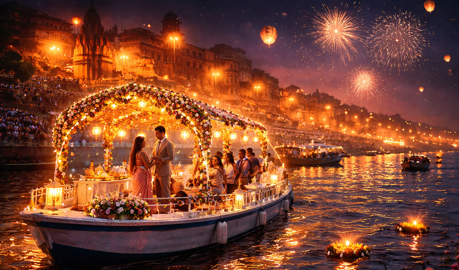 Anniversary boat Varanasi ghats sunset evening