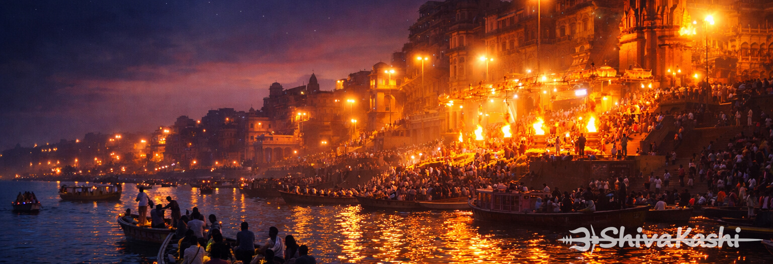 Varanasi ghats festival night Dev Diwali Ganga boat